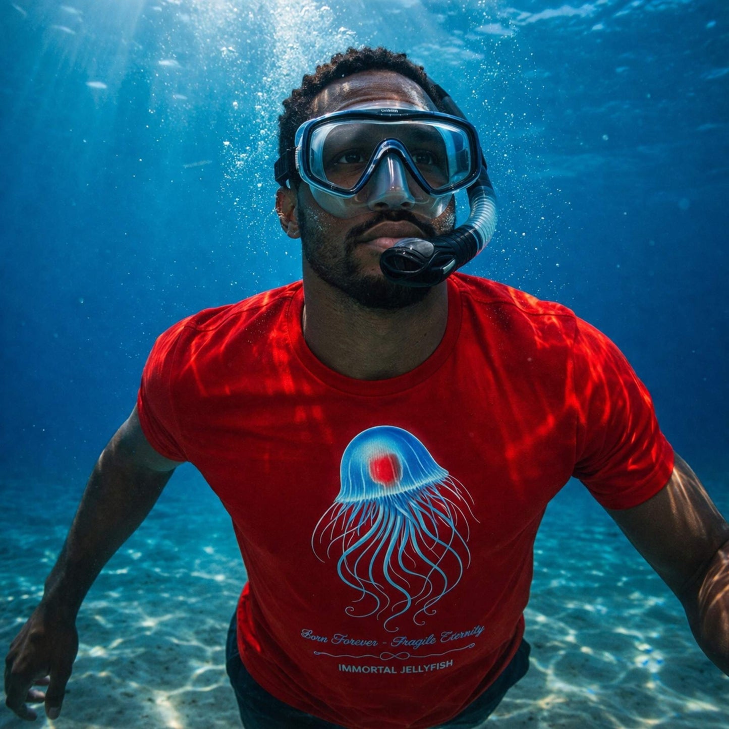 Man snorkeling wearing Red T-Shirt with Immortal Jellyfish design underwater