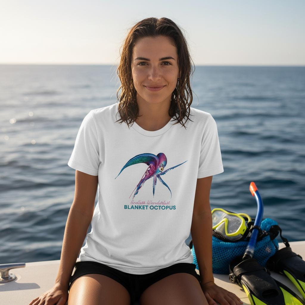 Model wearing a seablub unisex organic Blanket Octpus T-shirt outdoors on a boat, with the ocean in the background.