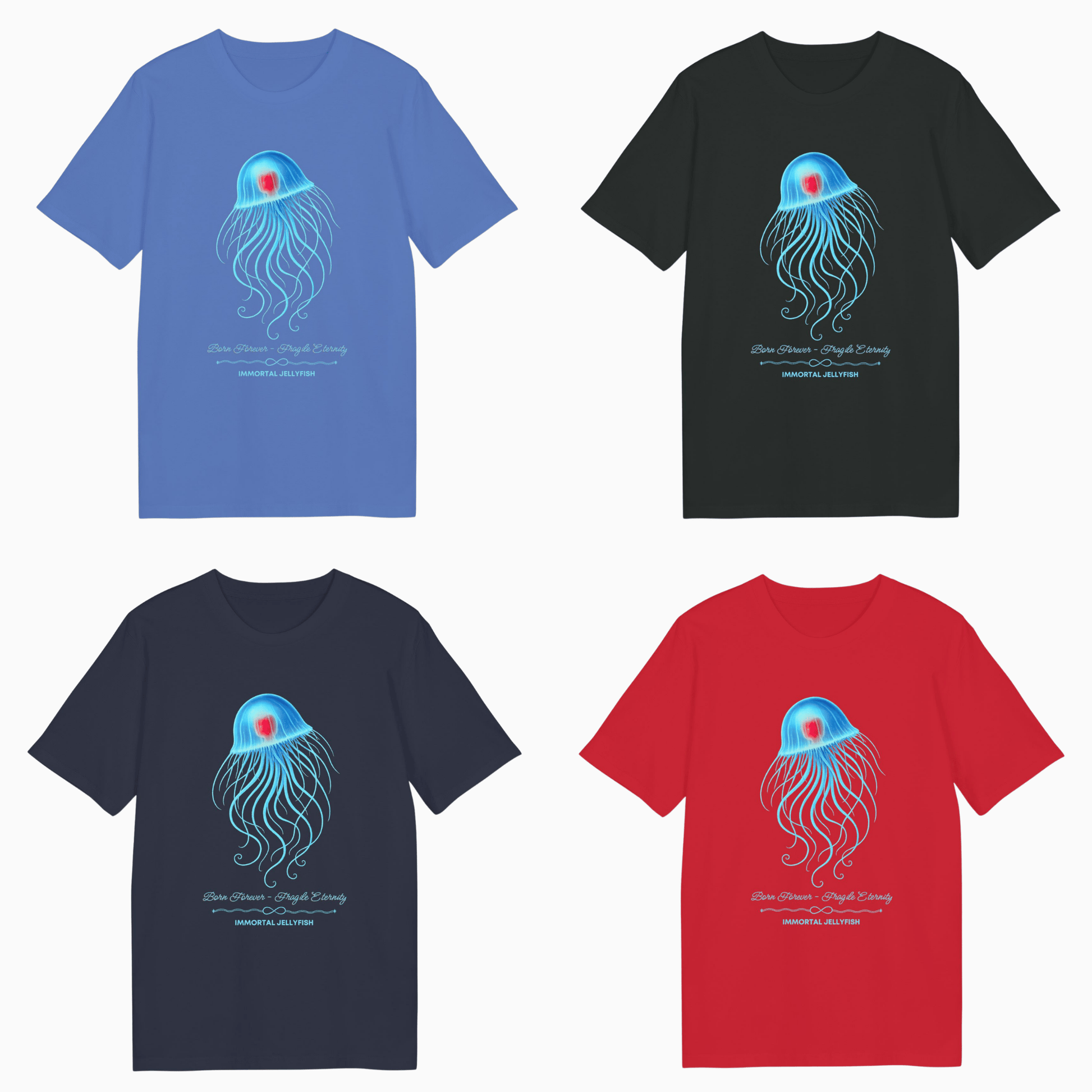 Unisex T-Shirts featuring Immortal Jellyfish design by seablub in Bright Blue, French Navy, Black and Red front view