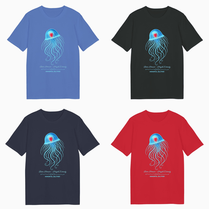 Unisex T-Shirts featuring Immortal Jellyfish design by seablub in Bright Blue, French Navy, Black and Red front view