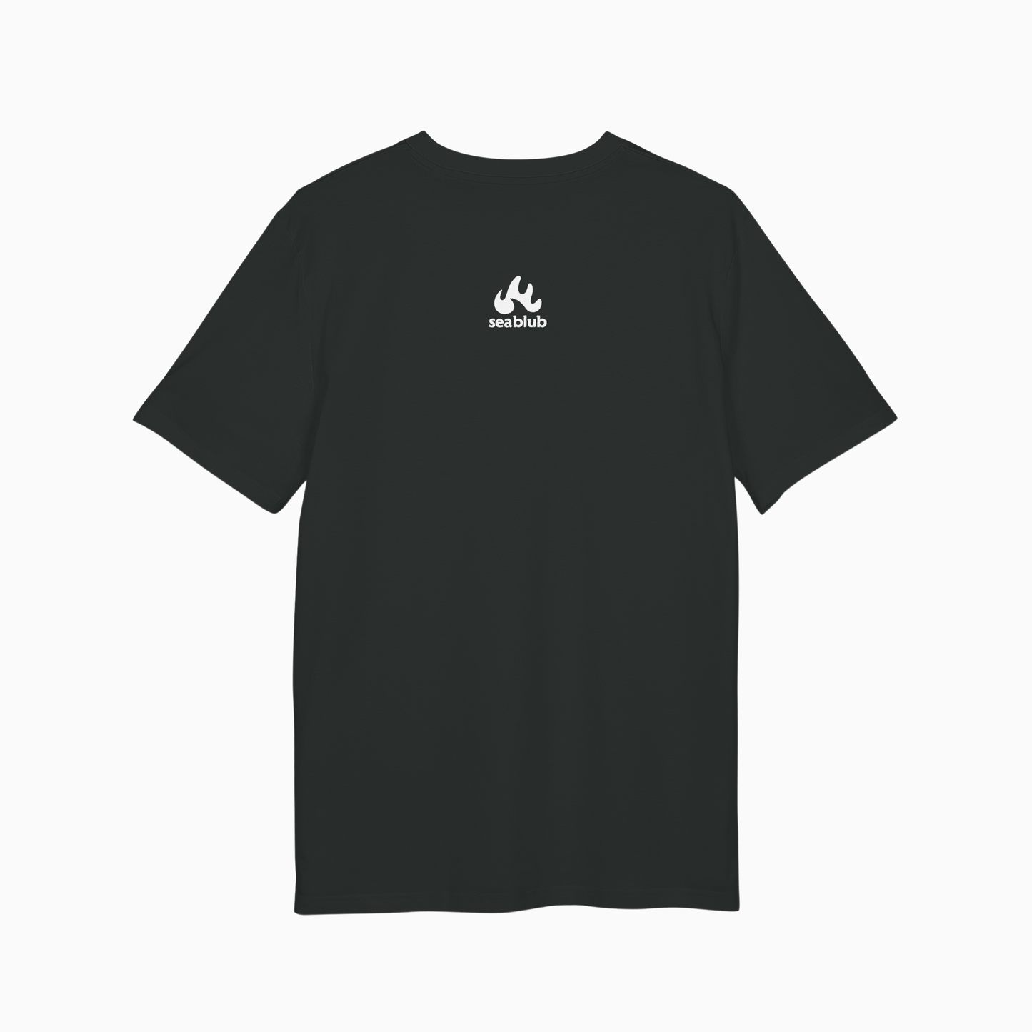 Black Unisex T-Shirt with seablub logo on back view on plain background