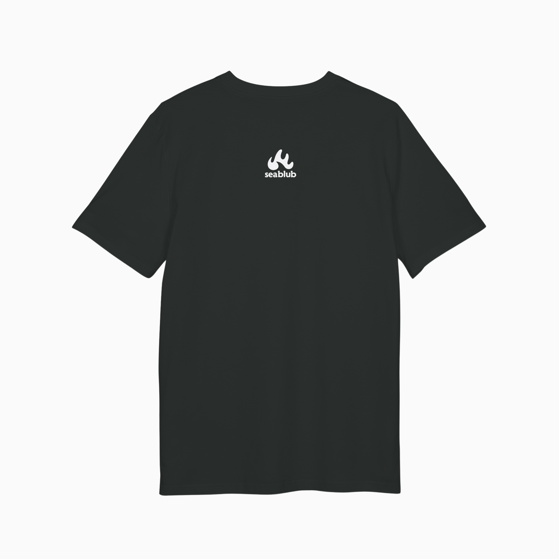 Black Unisex T-Shirt with seablub logo on back view on plain background
