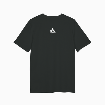 Black Unisex T-Shirt with seablub logo on back view on plain background