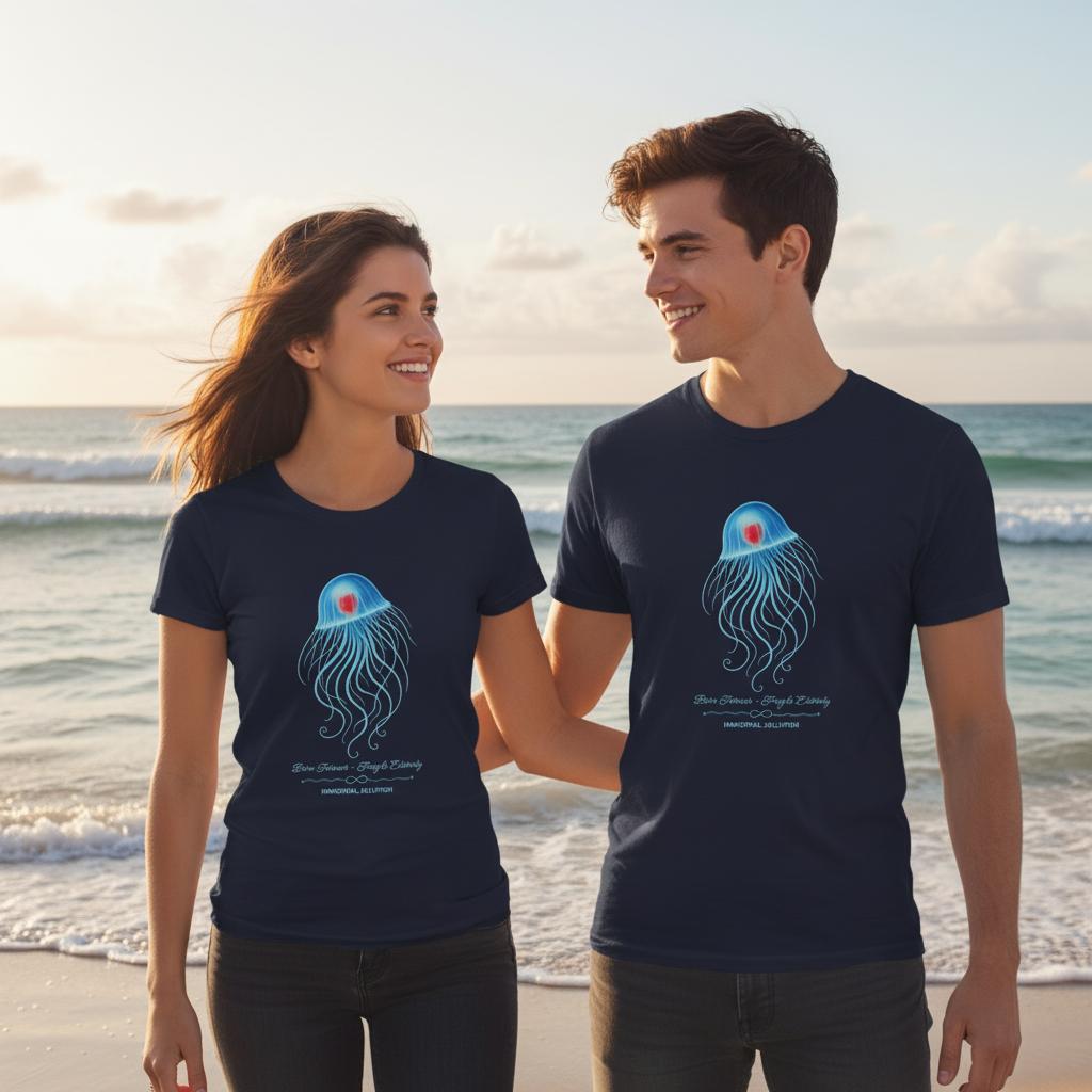 Woman and man wearing French Navy Unisex T-Shirts with Immortal jellyfish design by seablub standing on beach