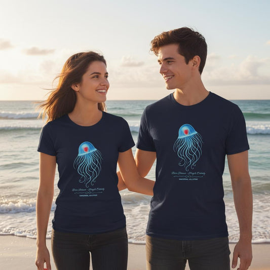 Woman and man wearing French Navy Unisex T-Shirts with Immortal jellyfish design by seablub standing on beach