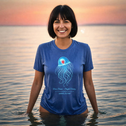 Woman standing in ocean water at sunset wearing Bright Blue Unisex T-Shirt with Immortal Jellyfish design by seablub