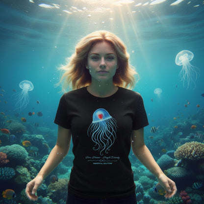 Blond Woman wearing Black T-Shirt with Immortal Jellyfish design underwater