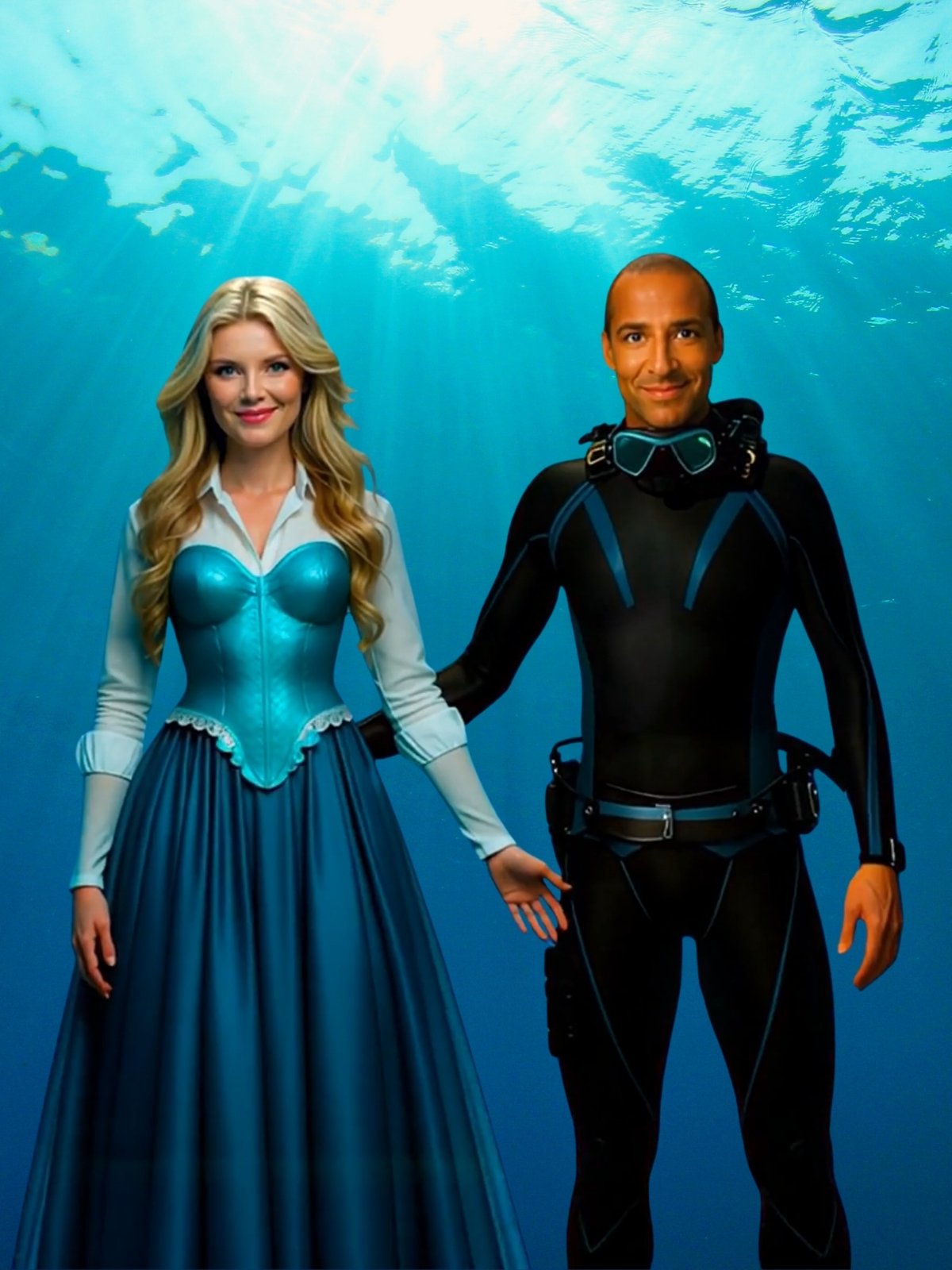Two human avatars standing together underwater in a blue ocean scene
