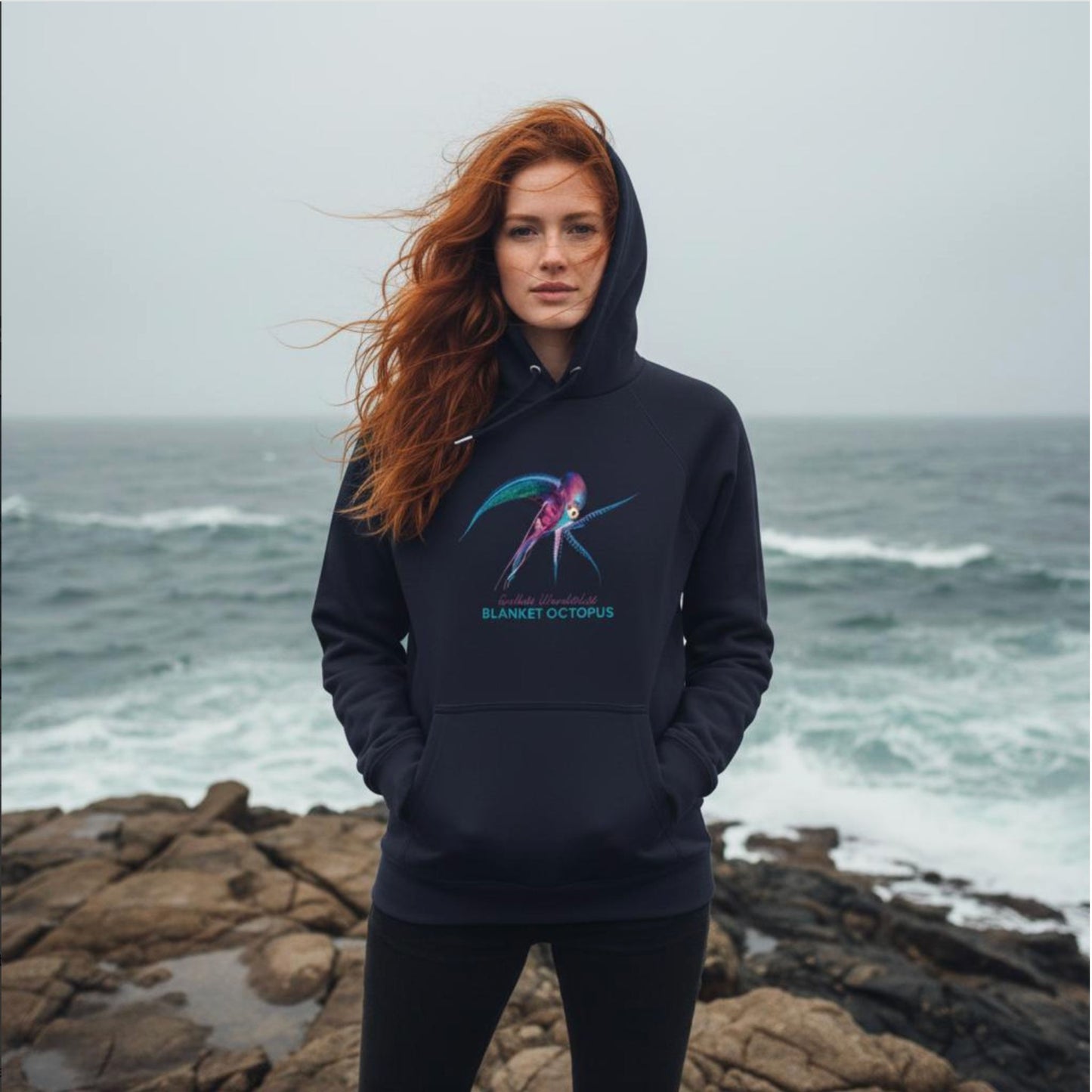 Woman wearing a French Navy Hoodie with the Blanket Octopus design standing on a rocky coastline