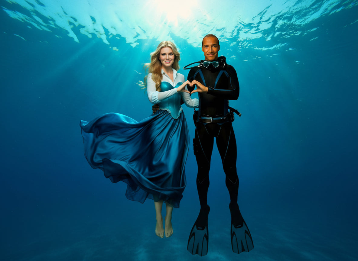 Underwater avatar illustration of Jaana and JJ forming a heart shape while floating underwater