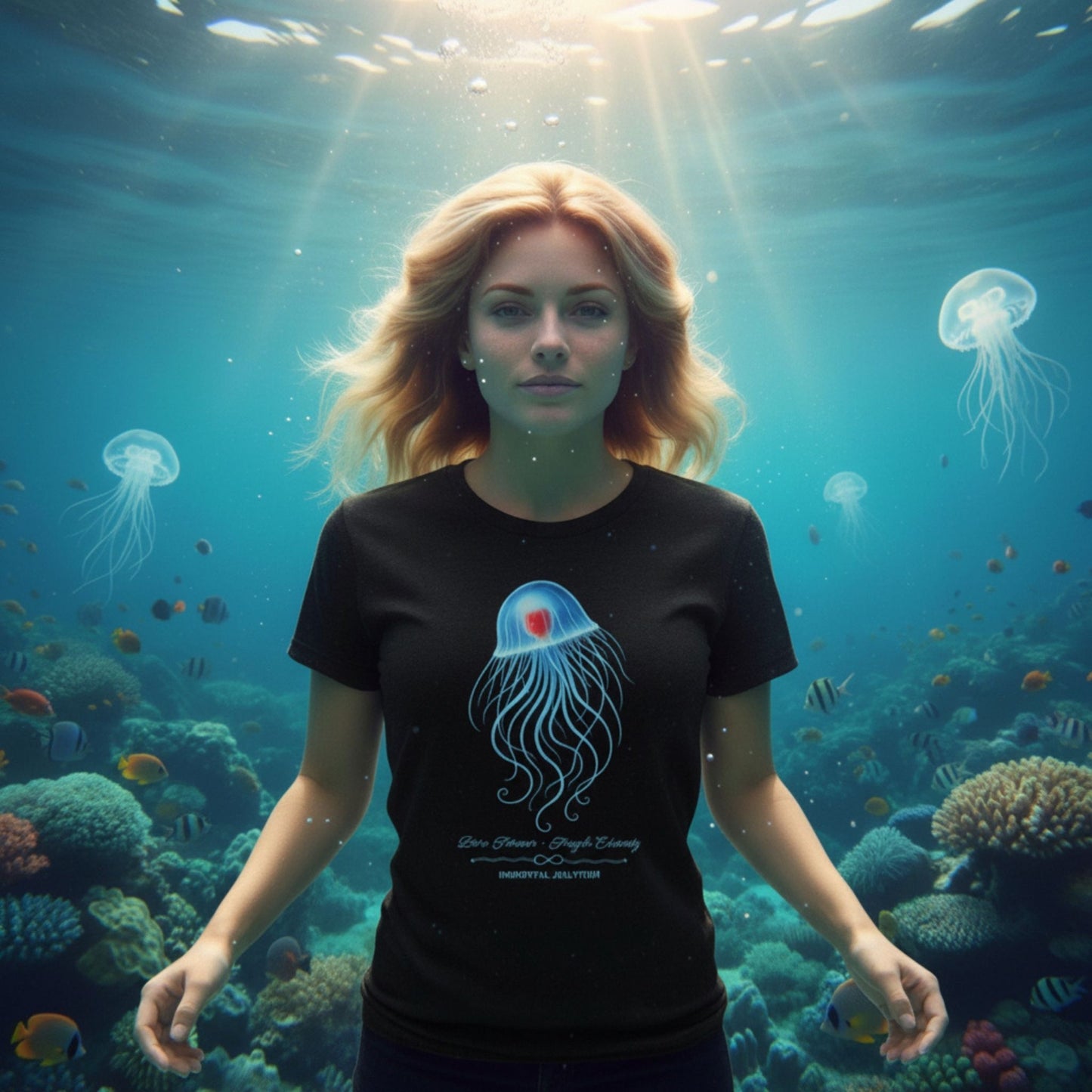 Organic T-Shirt in Black with the Immortal Jellyfish design by seablub worn by a woman underwater