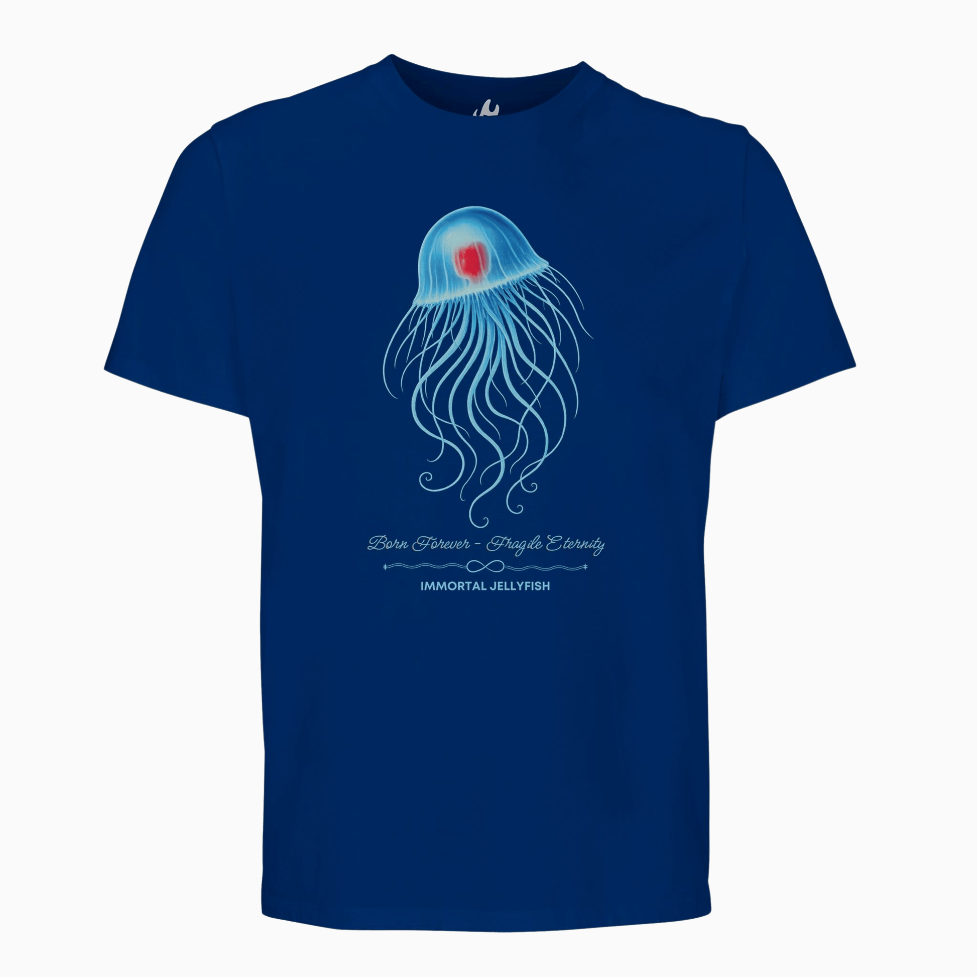 Organic T-Shirt in Royal Blue with the Immortal Jellyfish design by seablub shown as a flatlay