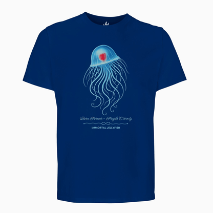 Organic T-Shirt in Royal Blue with the Immortal Jellyfish design by seablub shown as a flatlay