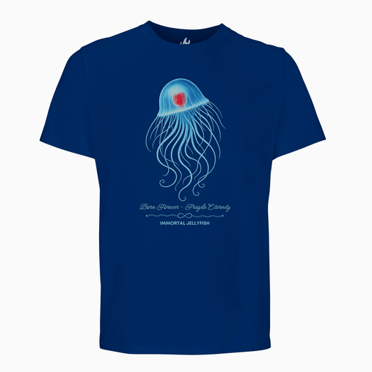 Organic T-Shirt in Royal Blue with the Immortal Jellyfish design by seablub shown as a flatlay
