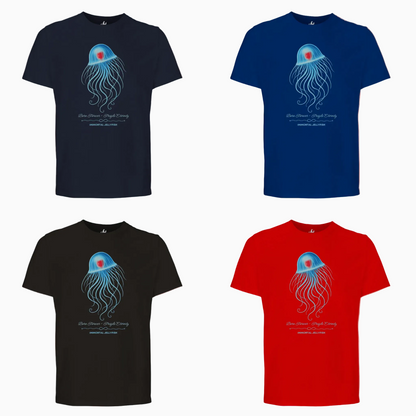 Unisex organic T-Shirts in French Navy, Royal Blue, Black and Bright Red with Immortal Jellyfish design by seablub