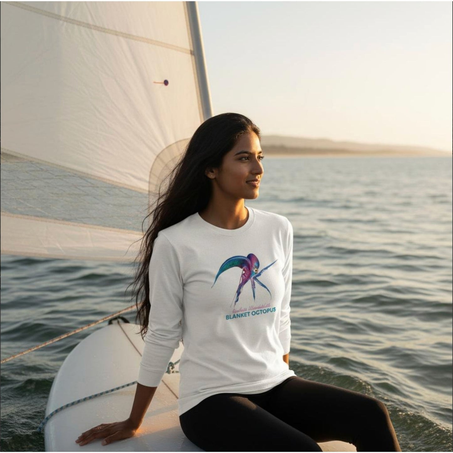 Model wearing a seablub unisex organic Long Sleeve Shirt with Blanket Octopus design in White sitting on a surfboard at sea