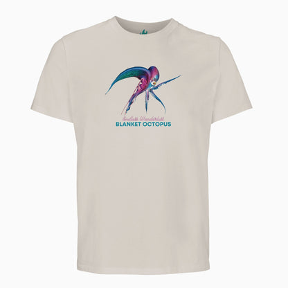 Flatlay of the unisex organic T-Shirt with the Blanket Octopus design by seablub in Off-White on light background