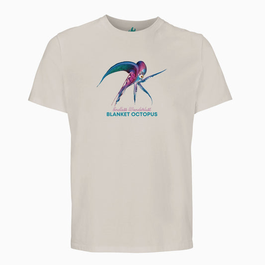 Flatlay of the unisex organic T-Shirt with the Blanket Octopus design by seablub in Off-White on light background