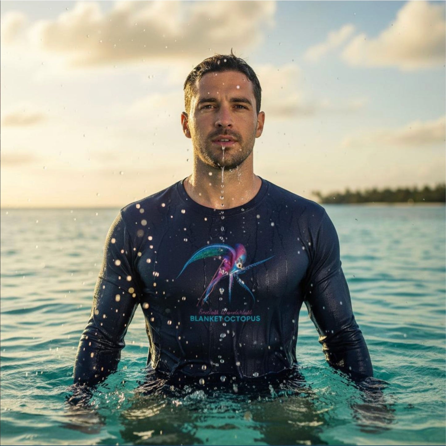 Model wearing a seablub unisex organic Long Sleeve Shirt with Blanket Octopus design in French Navy in shallow sea water