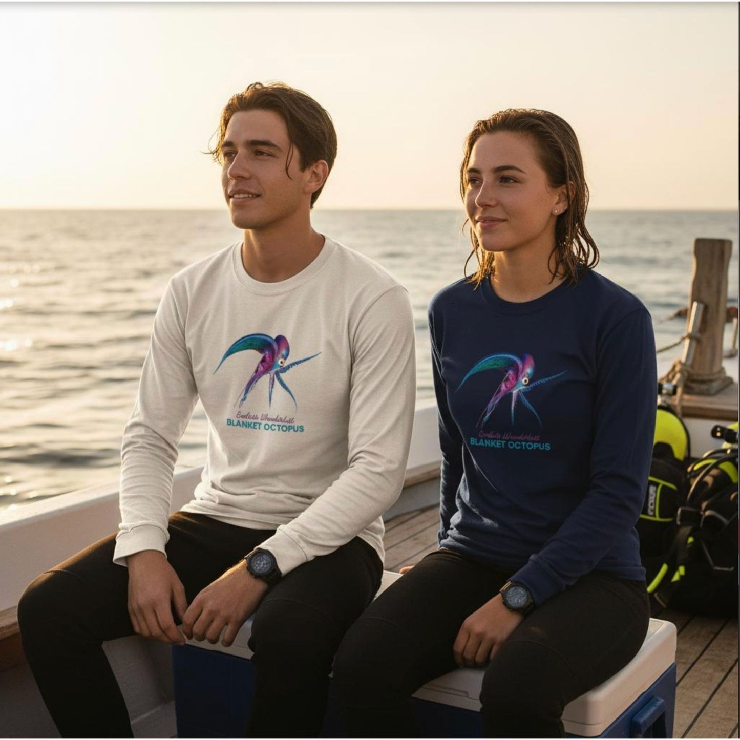 Two models wearing seablub unisex organic Long Sleeve Shirts with Blanket Octopus design in Off-White and French Navy on a boat at sea