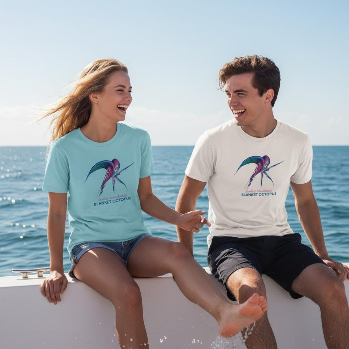 Two models sitting on a boat wearing seablub unisex organic Blanket Octopus T-shirts, one in Arctic Blue and one in Off-White, with the ocean in the background