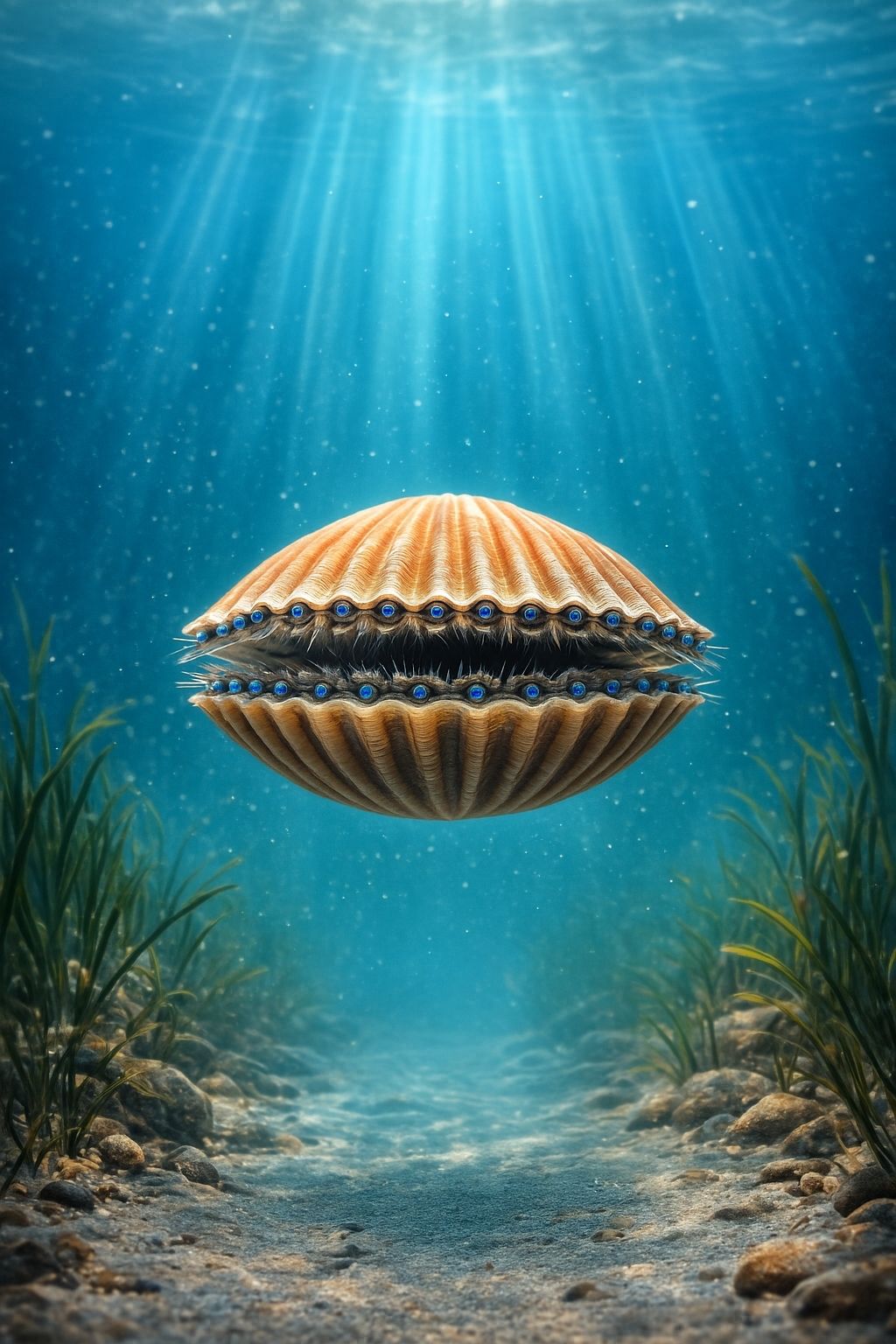 Underwater illustration of a living scallop floating above the seabed with light rays in blue water for seablub care information