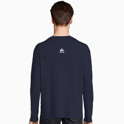 Man wearing a unisex organic longsleeve in French Navy with White back logo by seablub