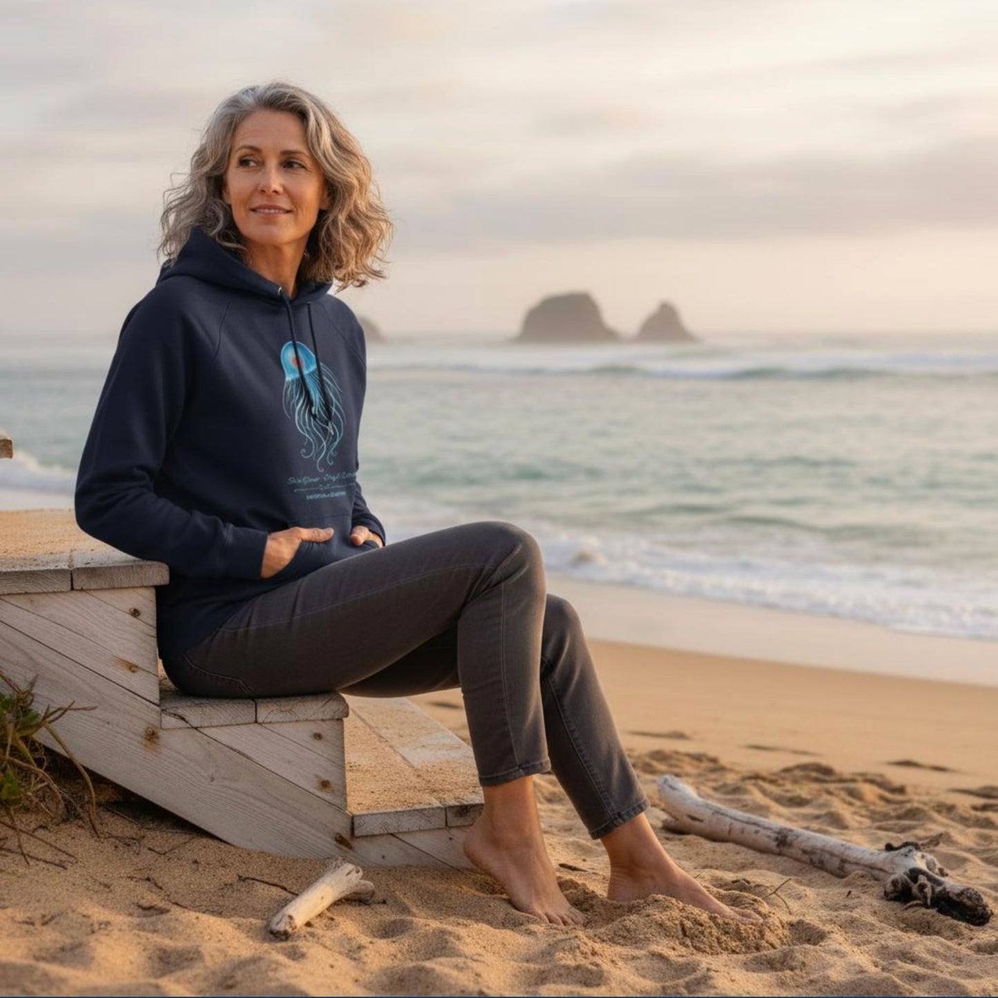 Woman wearing the Immortal Jellyfish Bio-Hoodie design by seablub sitting on the beach