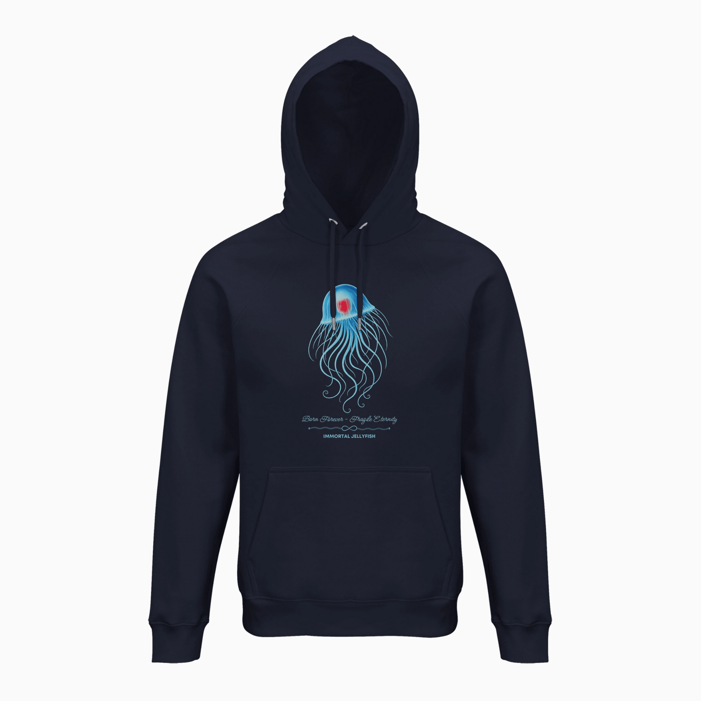 Front view  of the Immortal Jellyfish Bio-Hoodie design by seablub in French Navy