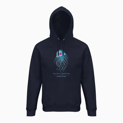 Front view  of the Immortal Jellyfish Bio-Hoodie design by seablub in French Navy