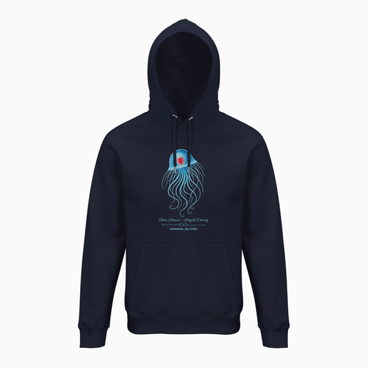 Front view  of the Immortal Jellyfish Bio-Hoodie design by seablub in French Navy