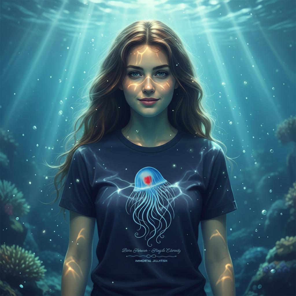 Girl avatar wearing the unisex bio T-Shirt with the Immortal Jellyfish design by seablub in French Navy underwater