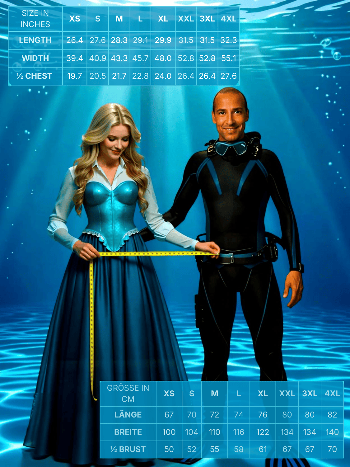 seablub size guide for organic Longsleeve with measurements in centimeters and inches