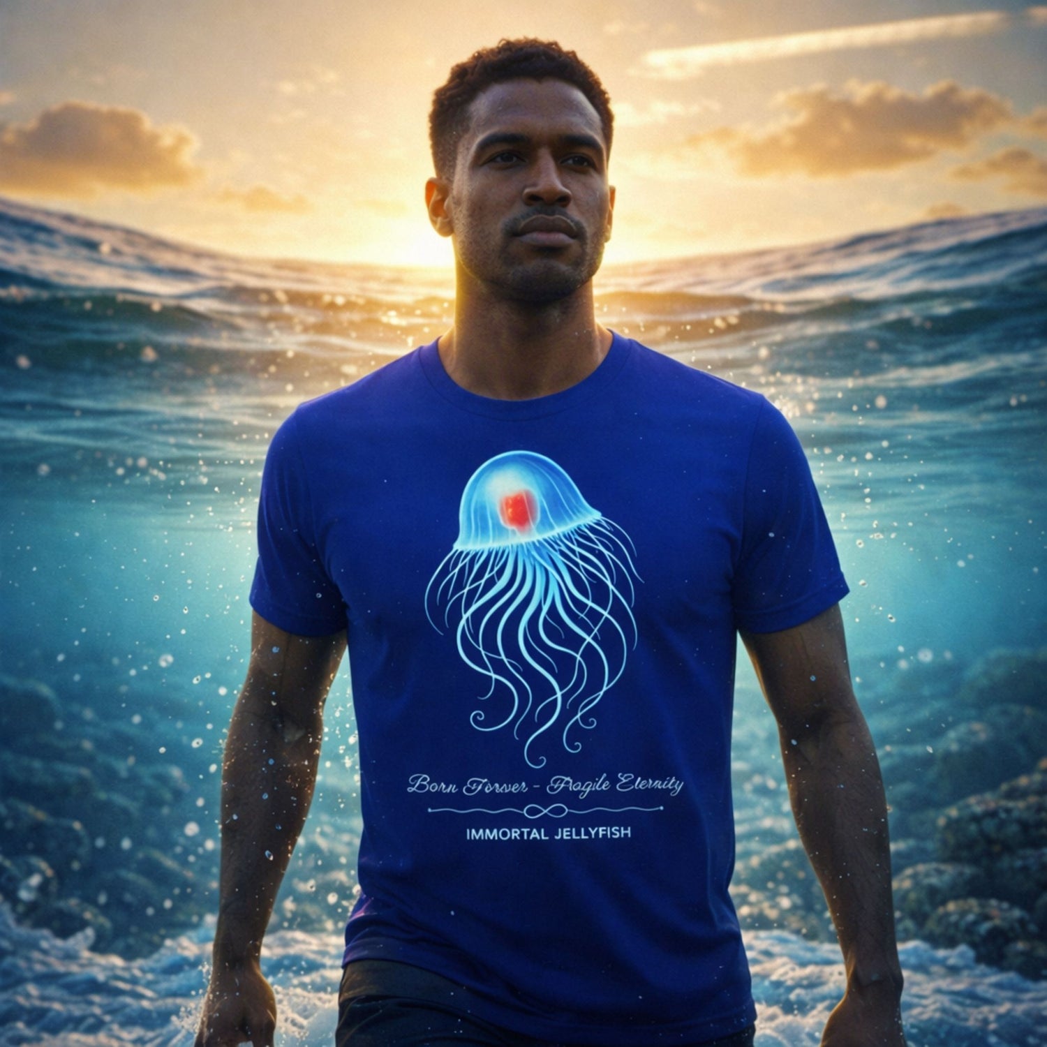Organic T-Shirt in Royal Blue worn by a man emerging from the ocean featuring the Immortal Jellyfish design by seablub