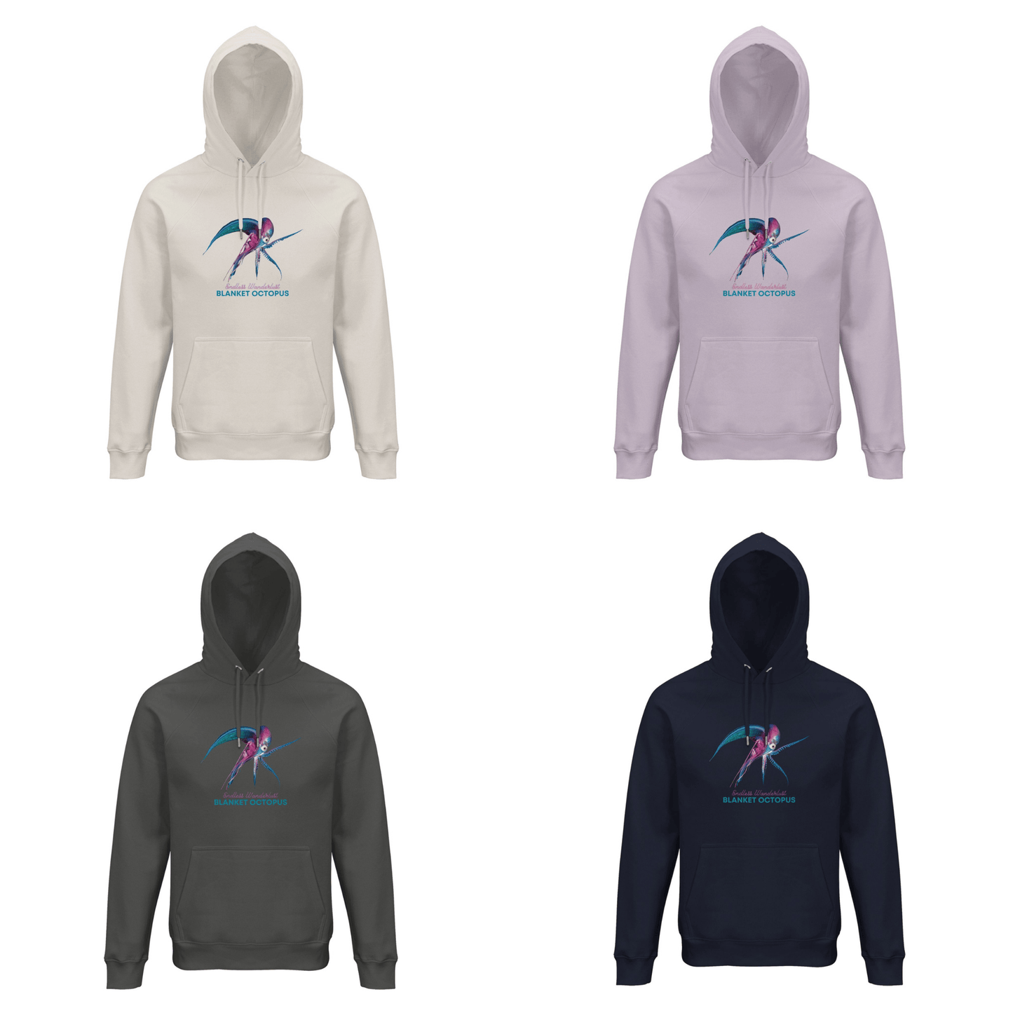 Front view of unisex organic hoodies in four colors with the Blanket Octopus design by seablub