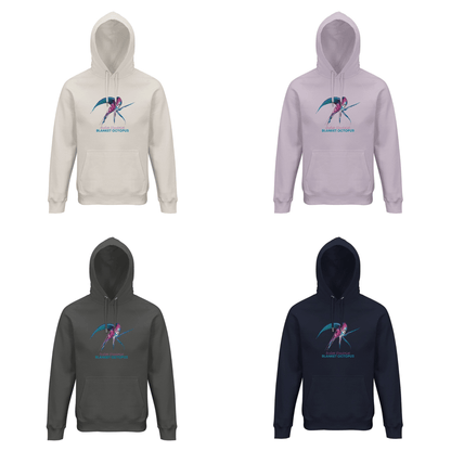 Front view of unisex organic hoodies in four colors with the Blanket Octopus design by seablub