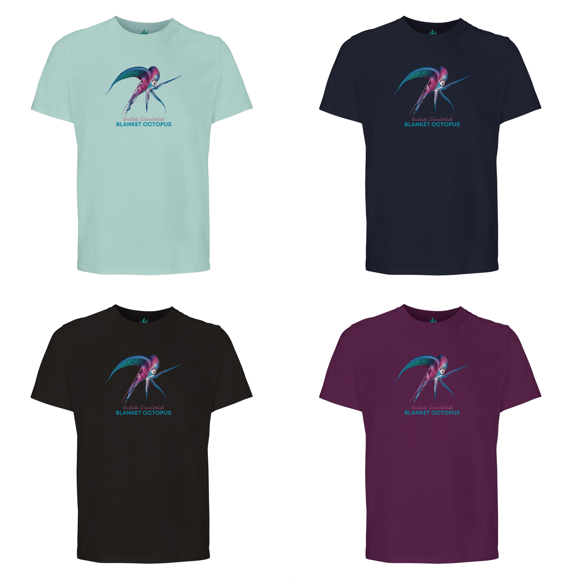Front view of unisex organic T-shirt with the Blanket Octopus design by seablub in Arctic Blue, French Navy, Black and Astral Purple