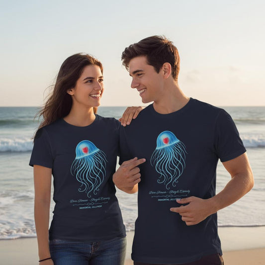 A smiling couple wearing the unisex bio T-Shirts with the Immortal Jellyfish design by seablub walking together on a beach 
