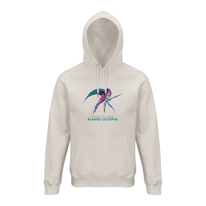 Front view of unisex organic Hoodie in Off-White with Blanket Octopus design by seablub on a bright background