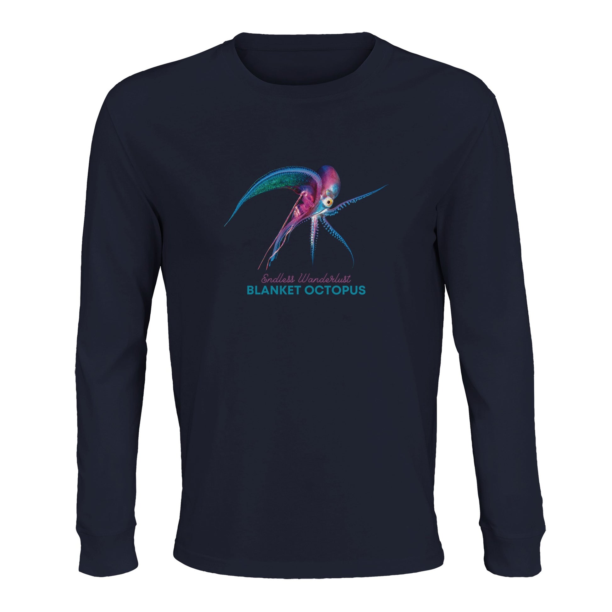 Front view of the unisex organic Longsleeve in French Navy with the Blanket Octopus design by seablub