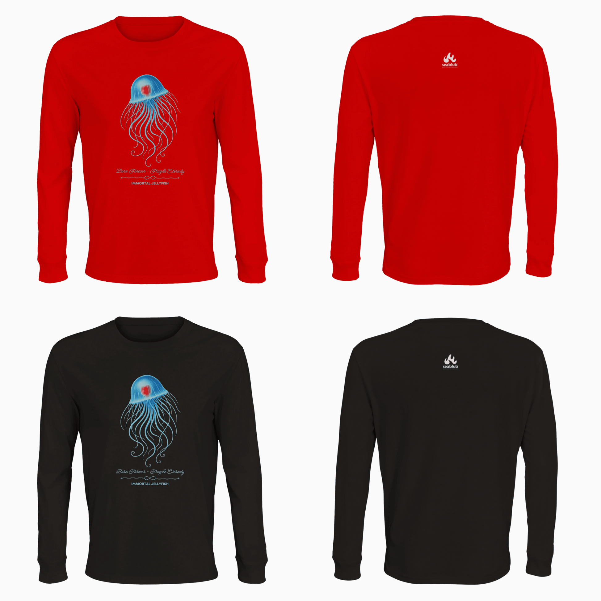 Unisex organic Longsleeve Shirts with the Immortal Jellyfish design by seablub in Black and Bright Red, front and back view