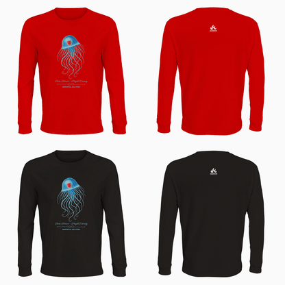 Unisex organic Longsleeve Shirts with the Immortal Jellyfish design by seablub in Black and Bright Red, front and back view