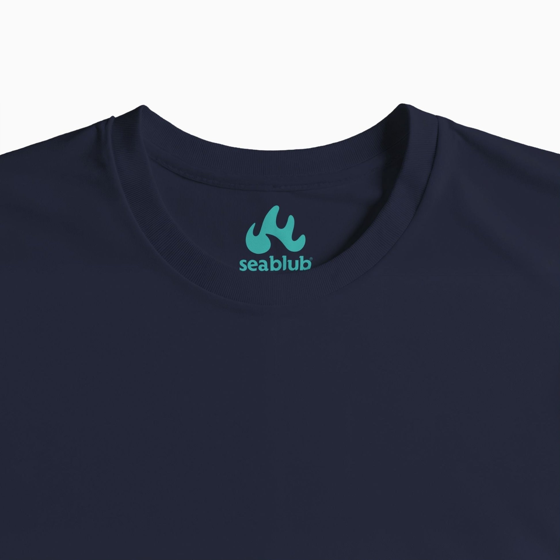 Unisex organic T-shirt in French Navy with inside seablub logo in Turquoise