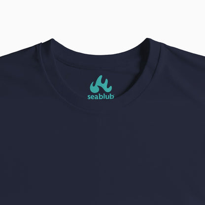 Unisex organic T-shirt in French Navy with inside seablub logo in Turquoise