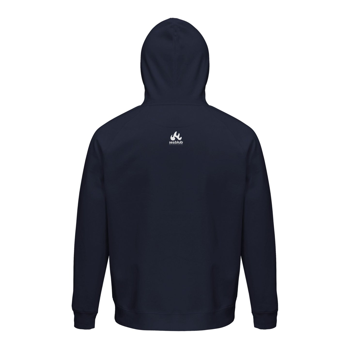 Rear view of seablub unisex organic hoodie in French Navy with a small logo on the upper back
